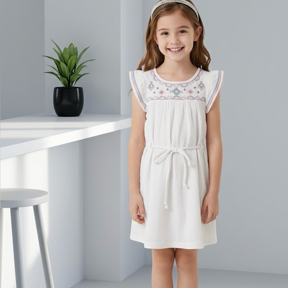 Girl's Carter's White Embroidered Short Sleeve Dress with Waist Tie Size 6